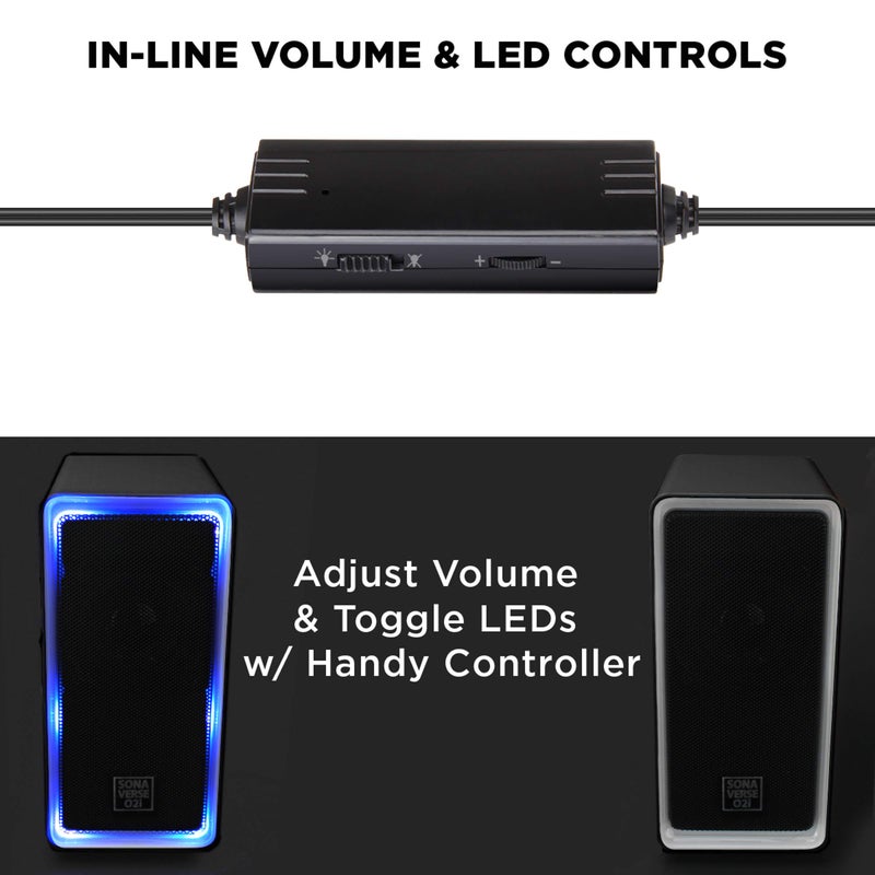 GOgroove Gaming Computer Speakers with Blue LED Light - SonaVERSE O2i Speakers for Desktop, Laptop, PC - USB Speaker 2.0 with AUX Input, in-Line Volume Control, Bass Stereo Sound, 14W (Black) - Image 4